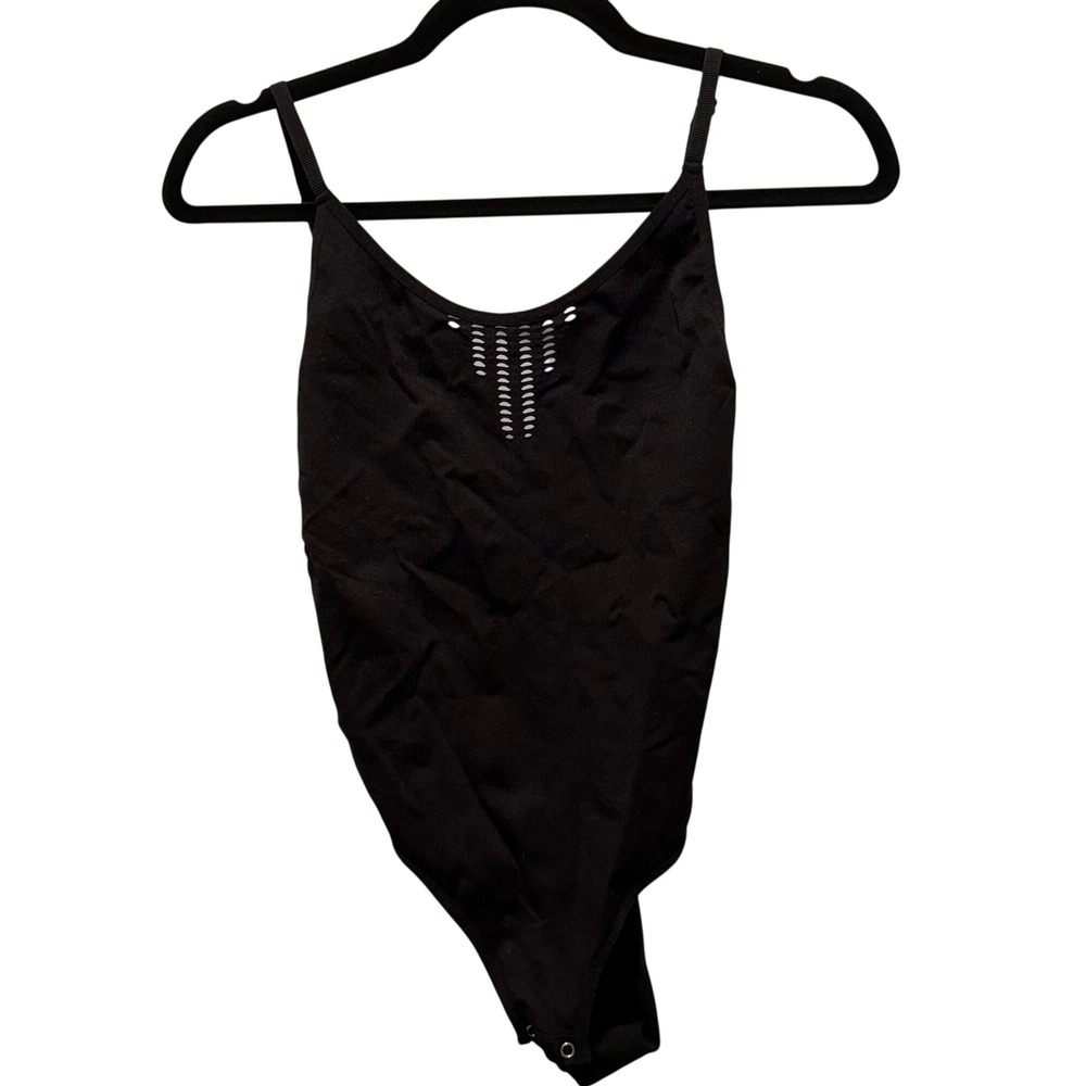 Black Seamless Laser Cut‎ Perforated Bodice Bodysuit Adjustable Straps Large